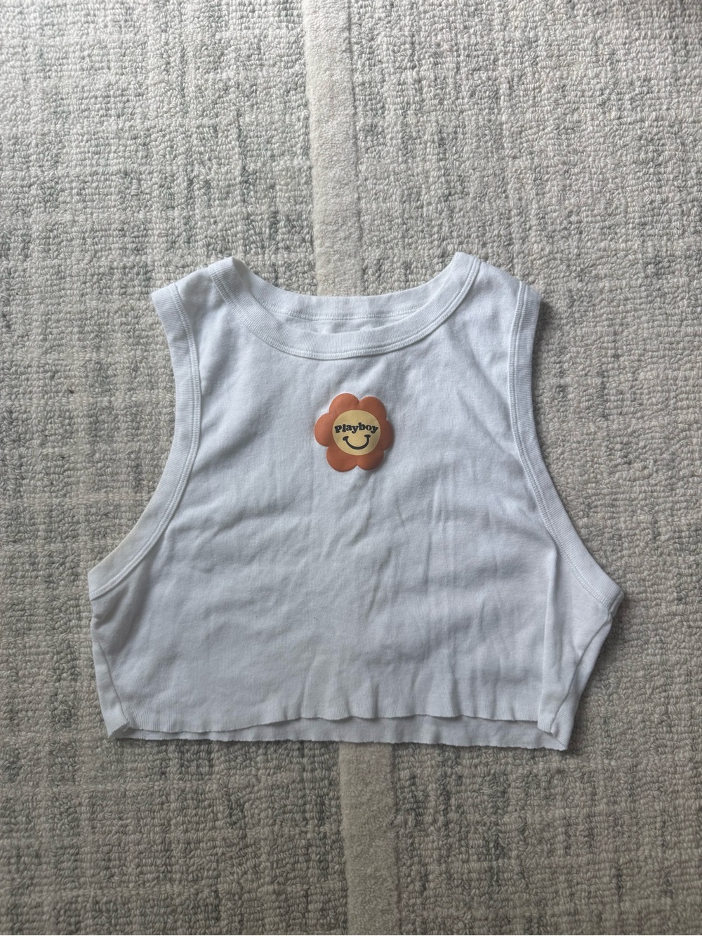 PLAYBOY White Crop Tank with Orange Flower Patch
